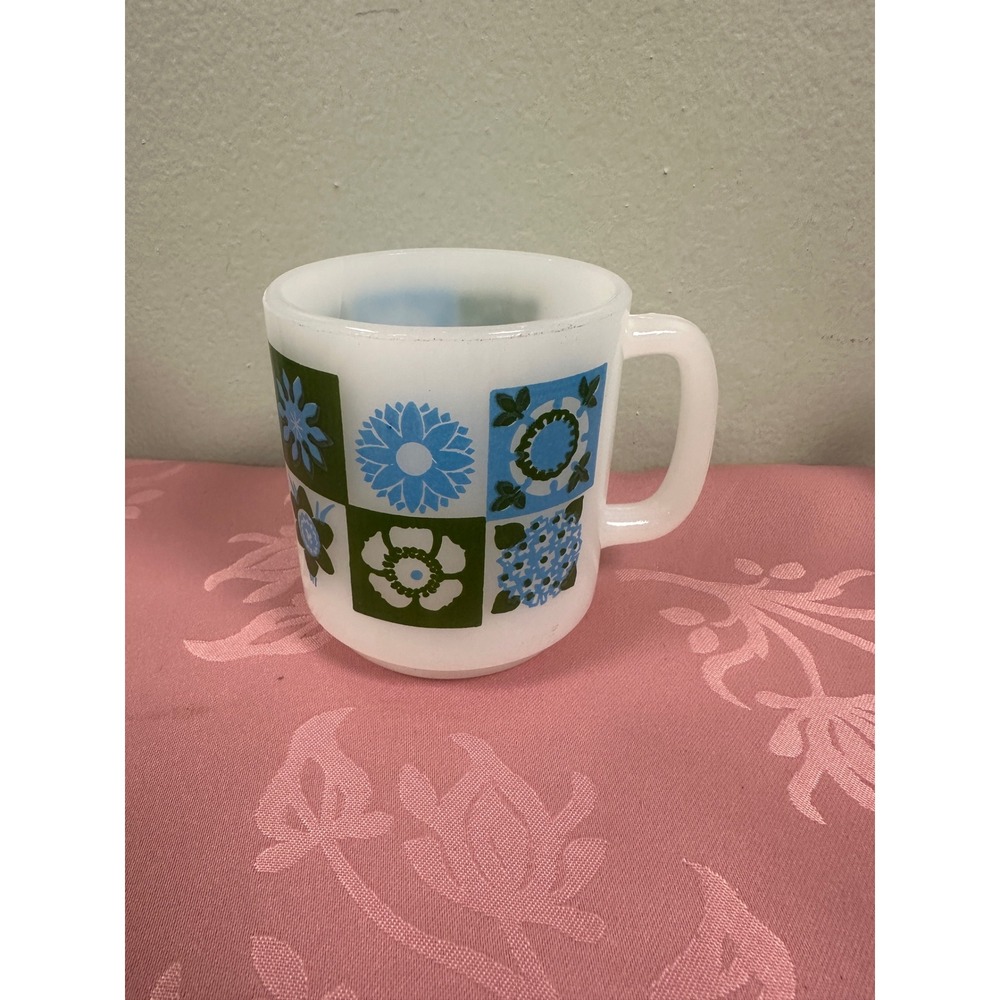 Vintage Glasbake Milk Glass Mug Blue Green Floral Patchwork MCM Retro Coffee Cup